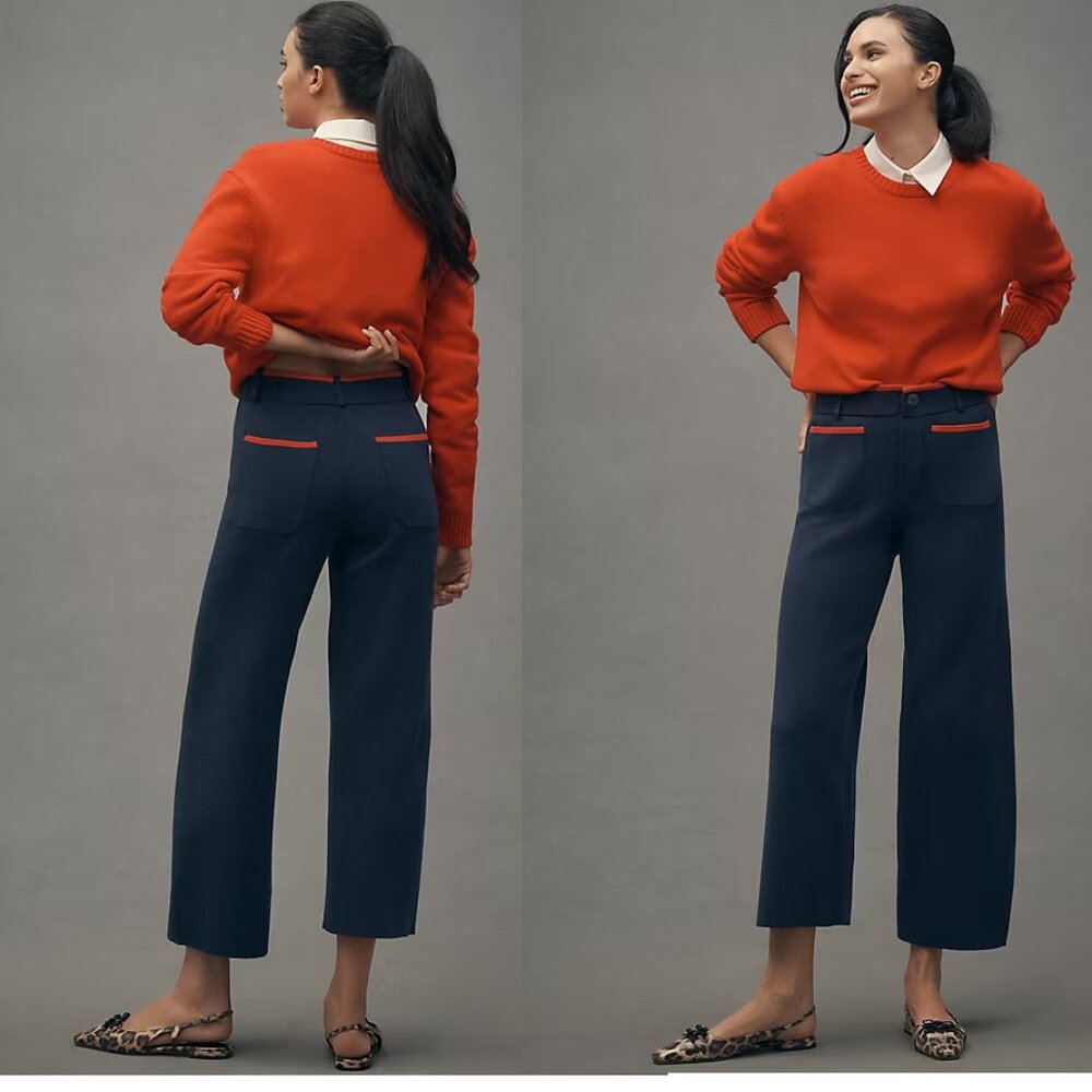 Anthropologie Navy Wide-Leg Pants with Orange Trim